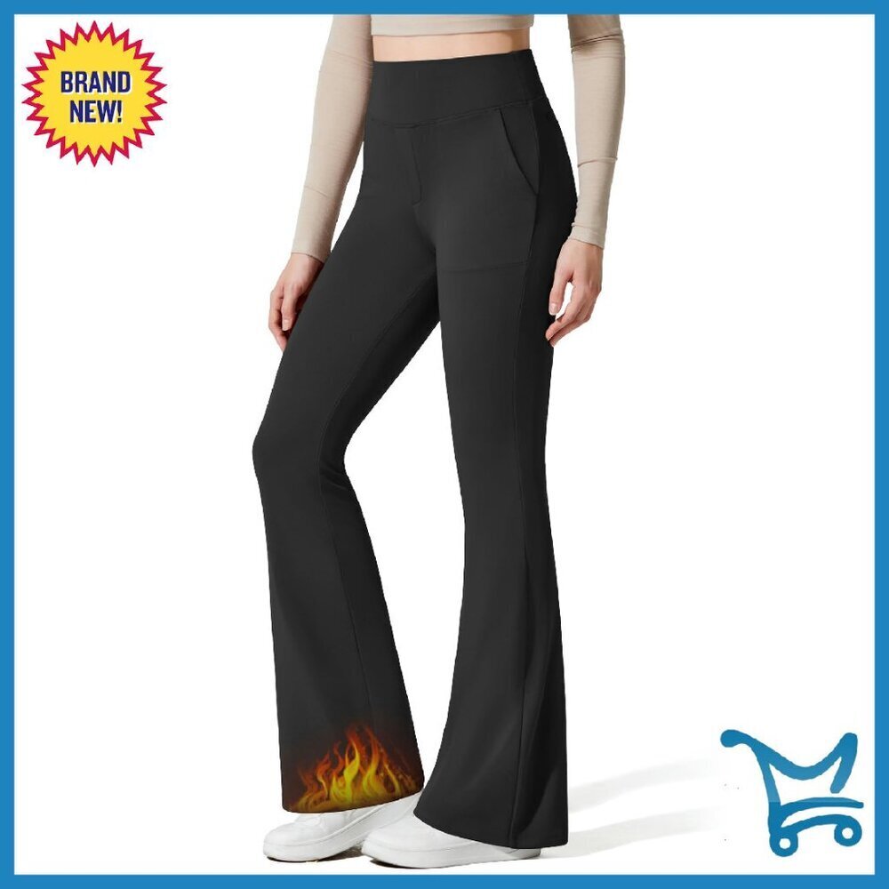Fleece Lined Flare Yoga Pants High Waist Thermal Leggings with Pockets